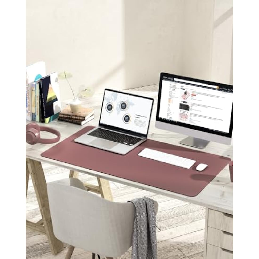 YSAGi Non-Slip Desk Pad, Waterproof PVC Leather Desk Table Protector, Ultra Thin Large Mouse Pad, Easy Clean Laptop Desk Writing Mat for Office Work/Home/Decor (90 x 43 cm, Dark Pink)
