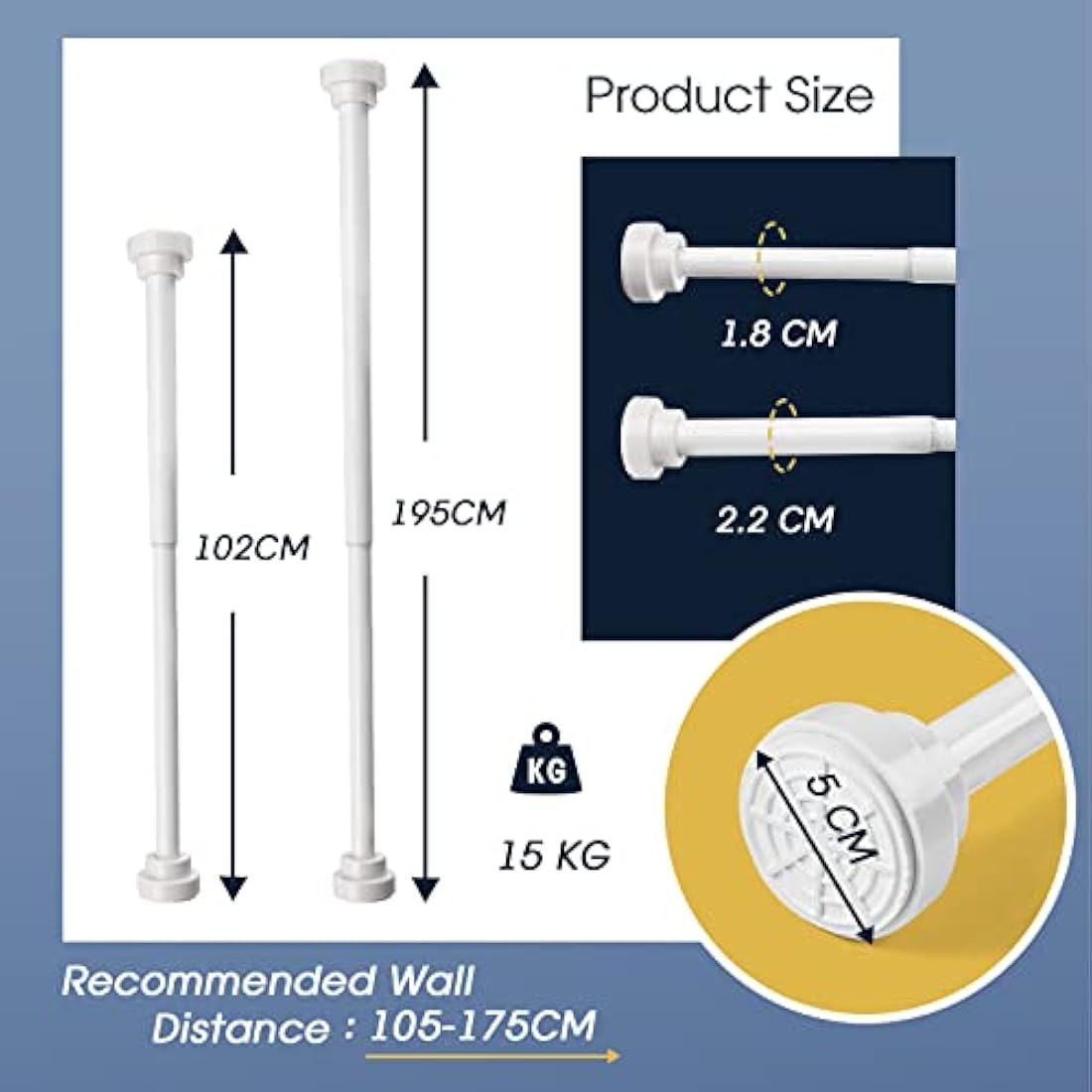 Stainless Steel Extendable Shower Curtain Pole 105-175cm Tension Rods for Curtains Telescopic Curtain Poles No Drilling Adjustable Shower Curtain Rail for Kitchen Closet Bathroom Window, White