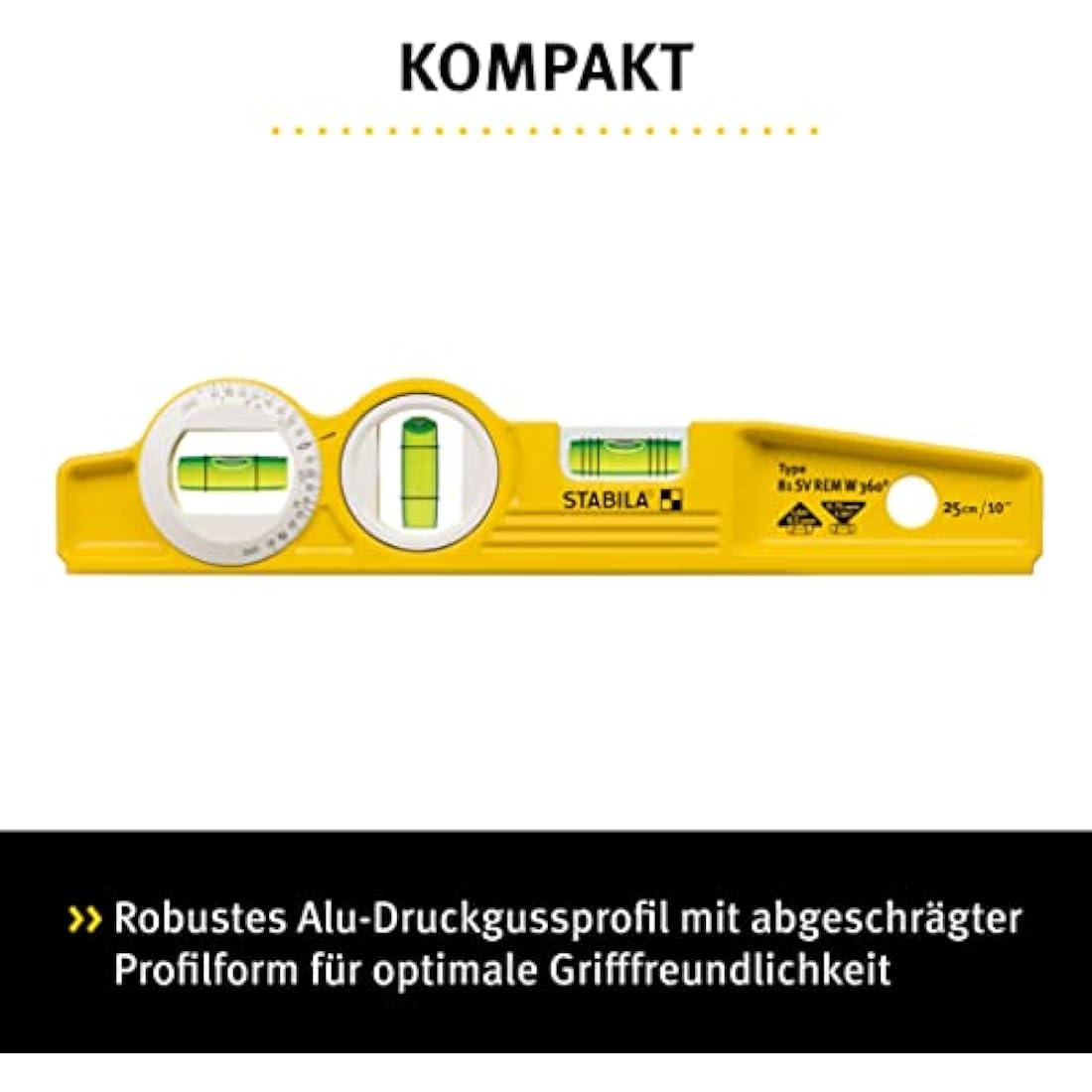 Stabila 16670/0 25 cm"Torpedo Type 81 SV REM W360" Spirit Level with Bag - Yellow/Black