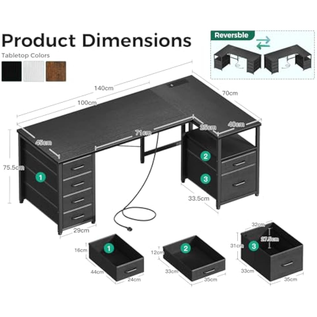 Coleshome Computer Corner Desk with Drawers, 140×70 cm L Shaped Office Desk with Power Outlet, Reversible Study PC Table with Storage for Bedroom, Black