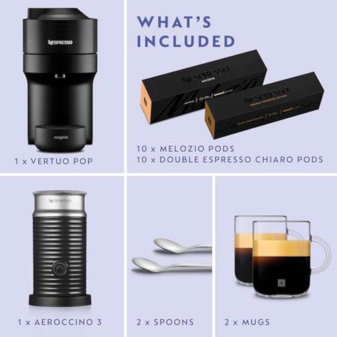 Nespresso Vertuo Pop Barista Coffee Machine Bundle by De'Longhi, Compact Footprint, Starter Kit Includes Coffee Capsules, Mugs, Milk Frother And Spoons, ENV90.B+Caps