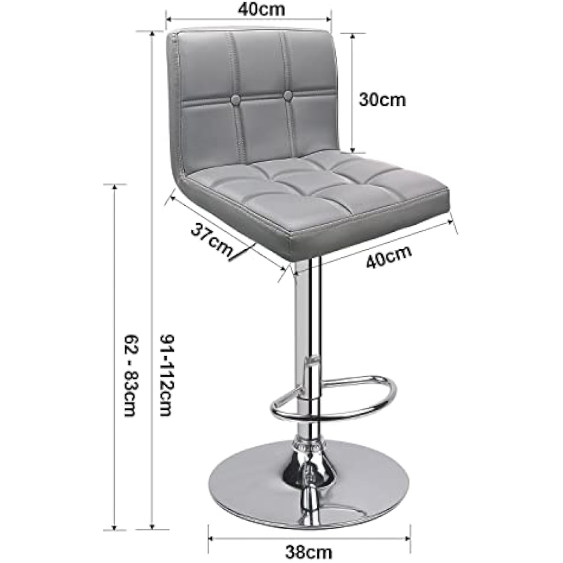 Leader Accessories Bar Stools (2/Set) Adjustable Bar Chairs Breakfast Dining Stools for Kitchen Island Counter PU Leather Double Stitching Square Back with decoration (Light Grey)