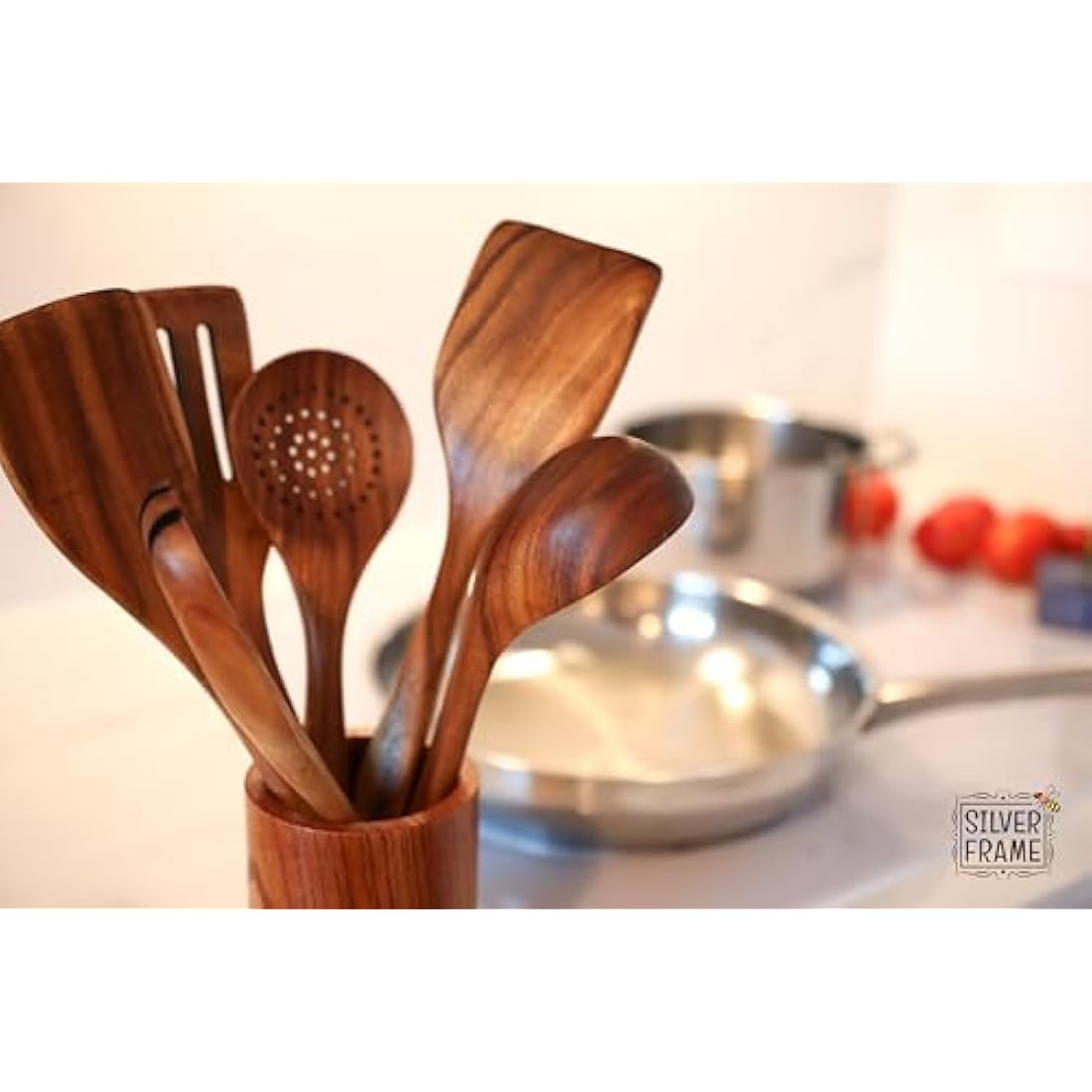 Silver Frame Wooden Spoons for Cooking, Utensils Set with Kitchen Holder -7 pcs of Teak Wood Cooking Utensils Set, Wooden Kitchen Utensils for Nonstick Pans and All Kind of Cooking