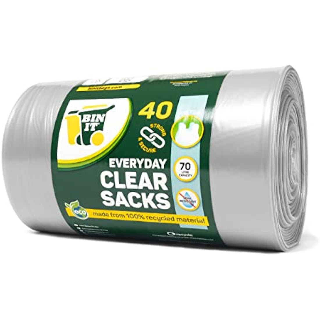 BIN IT 40 Clear Large 70L Strong & Secure, Tie Top, Recycling Sacks, Bin Bags, Bin Liners, Refuse Sacks, Recycled, Tear Resistant, 120 Gauge - 30 μm, Perfect for Everyday Use