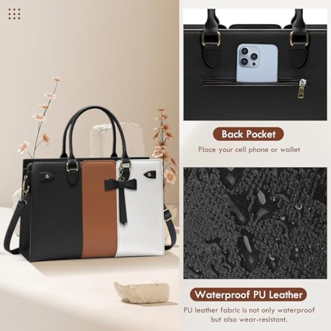 RAINSMORE Laptop Bags for Women PU Leather Work Bags for Women Tote Bag Large Handbag Shoulder Bag for Office 15.6 Inch Bussiness Black with White and Brown