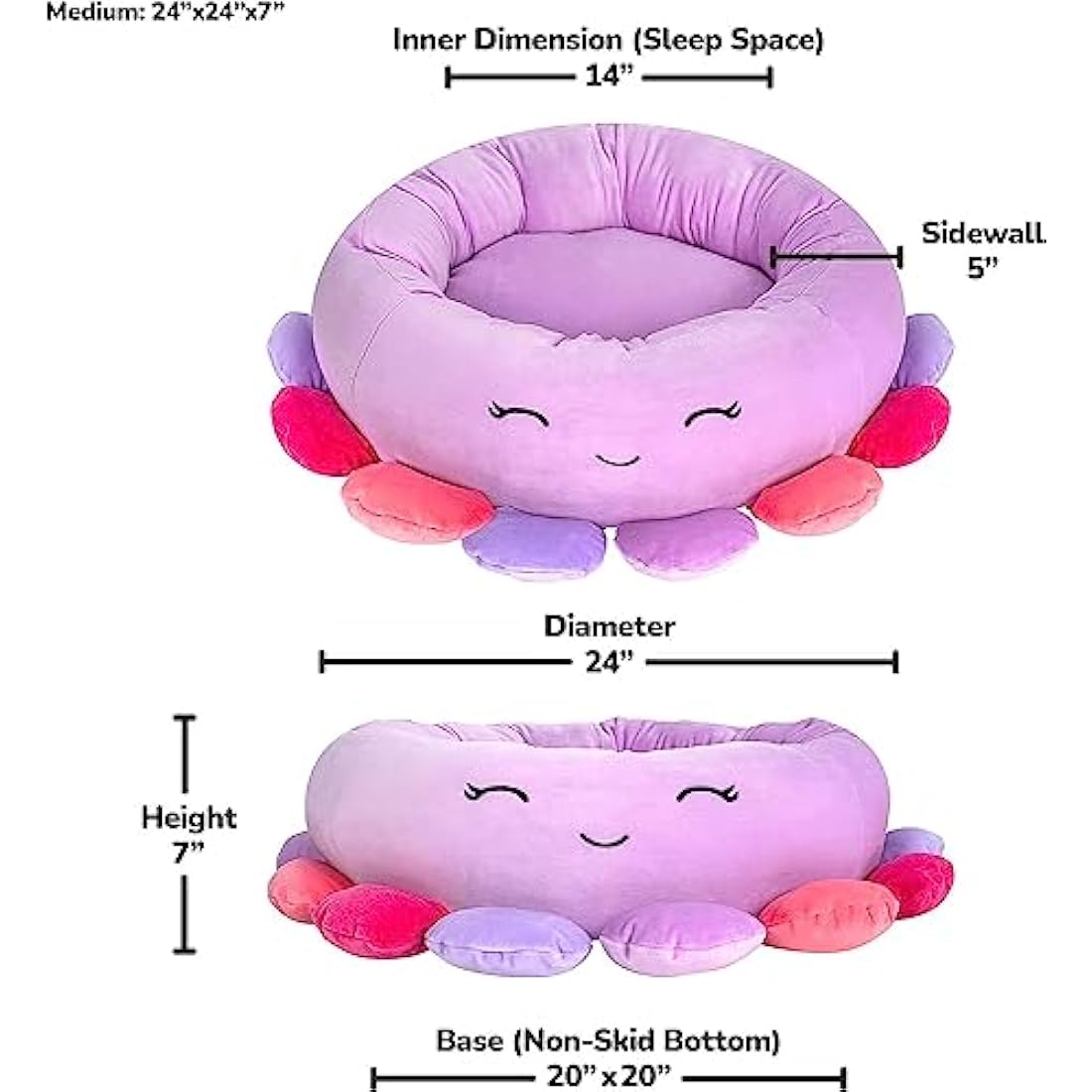 Squishmallows Official 24-Inch Beula Octopus Pet Bed - Medium Ultrasoft Official Plush Pet Bed,purple
