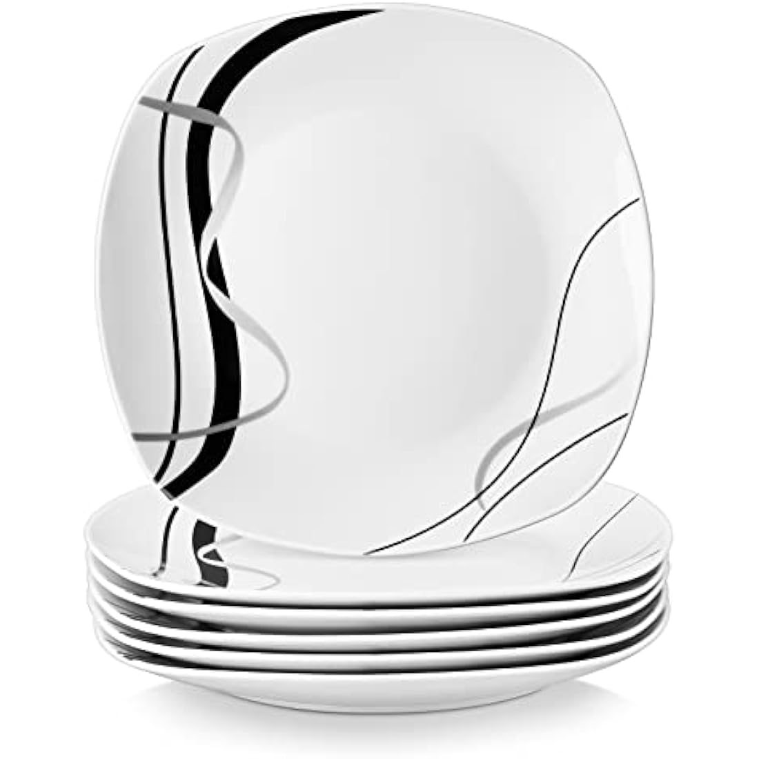 VEWEET 'Fiona' 9.75" 6-Piece Dinner Plate Porcelain Dinner Set Ivory White Black Decals Round Plates Dinning Set Kitchen Service China Dinner Plate (24.7 * 24.7 * 2.2 cm)