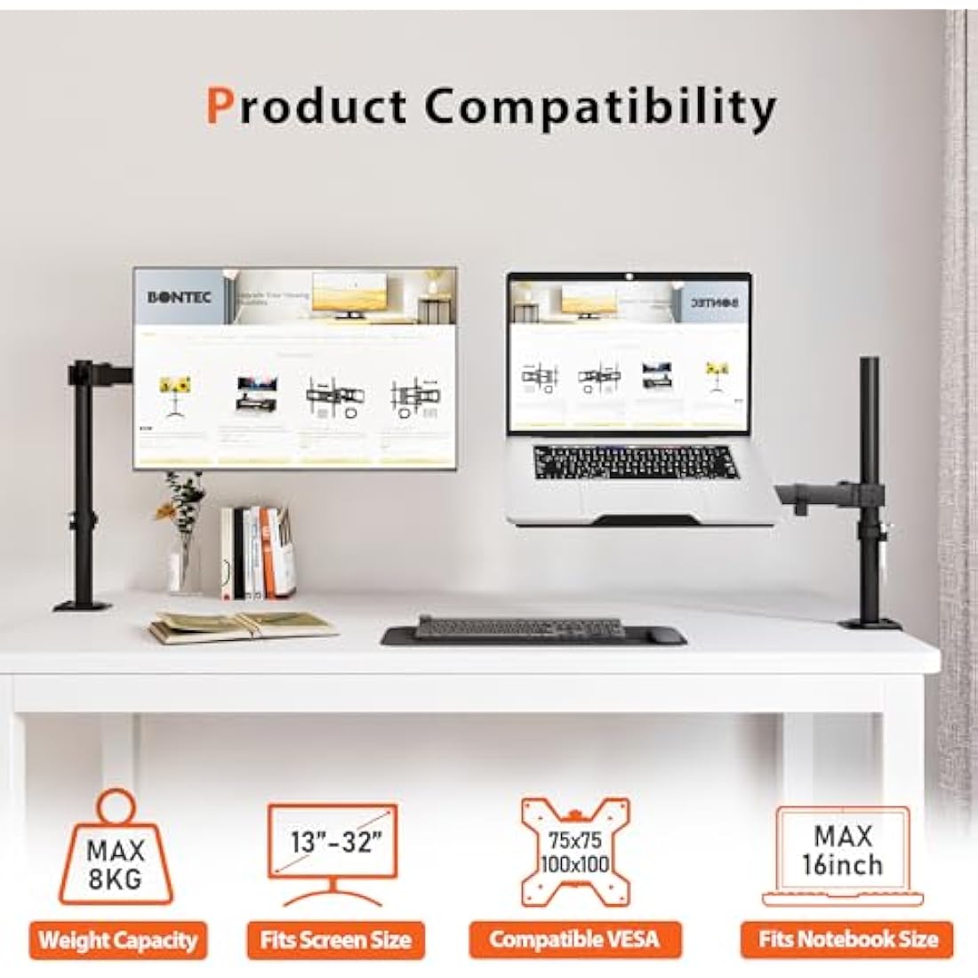 Redbat Laptop Arm for Notebooks up to 17 inch, Height Adjustable for Desk Weight up to 8kg, Laptop Mount with 2 Mounting Options, VESA 75/100 for Monitor 13-32 inch