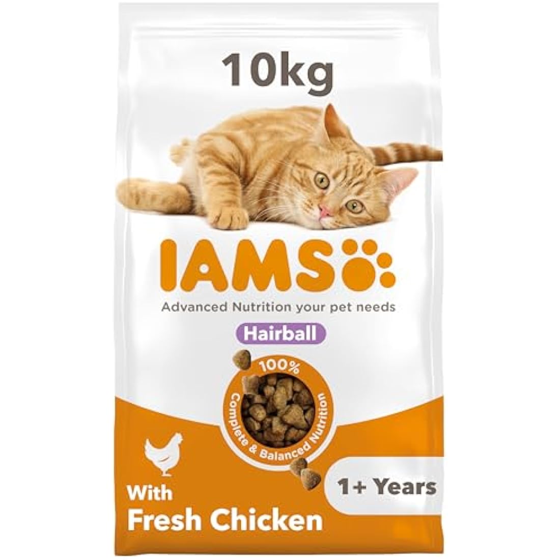 IAMS Hairball Complete Dry Cat Food Chicken 10kg - Significantly Reduces Hairball Formation