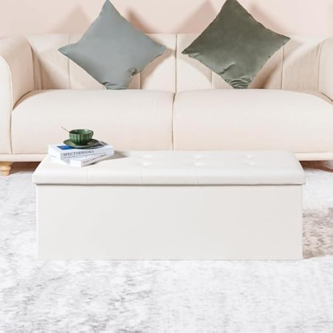 Bonlife Folding Ottoman Storage Bench with Cushion Kids Toy Box Cube Foot Stool Faux Leather Large Storage boxes with Lid,White,110 x 38 x 38 cm