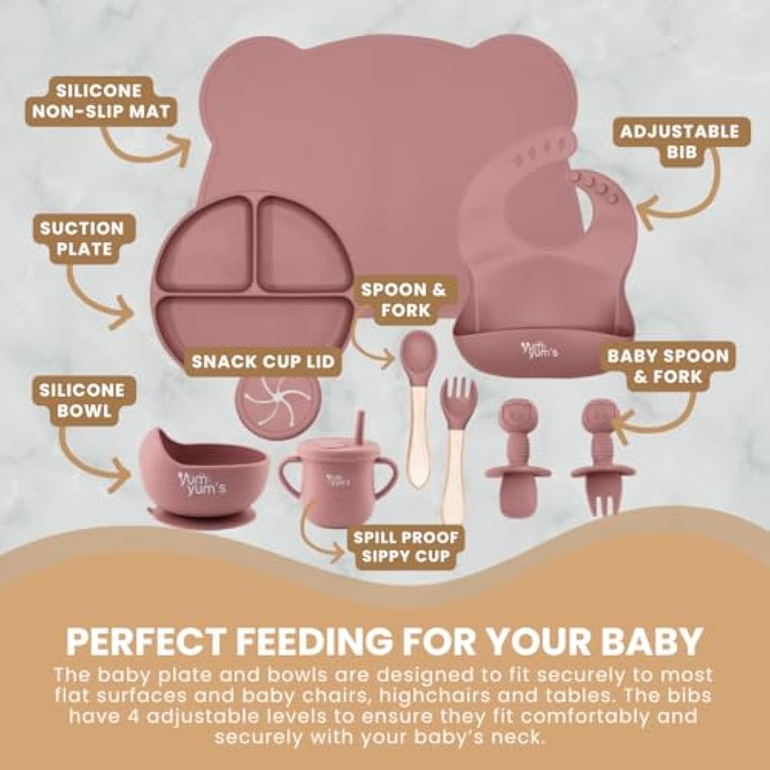Yum Yum's Baby 10 Pcs Pink Weaning Set - Complete Toddler Feeding Kit w/Sectioned Plate, Suction Bowls, Cutlery with Mouth Guard, Straw Cup, Bib & Mat - Non-Slip - for Toddlers & Baby Gift