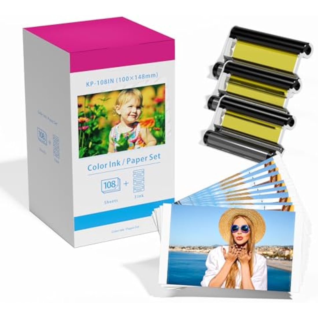 Airmall Replacement for Canon Selphy CP1500 KP-108IN Ink and Photo Paper Set for Selphy Photo Printer CP1500 CP1300 CP1200 CP1000 CP790, 3115B001(AA) 3 Color Ink Cartridge 108 Sheets Paper 100 x 148mm