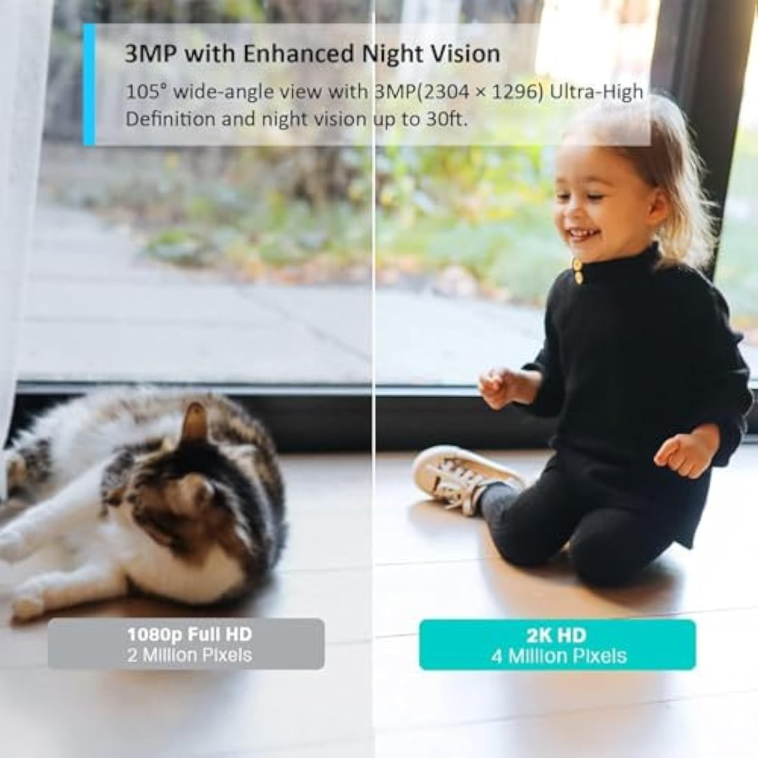 Tapo C110 2K 3MP Indoor Camera House Security, WiFi, No Monthly Fee, AI Detection, Dog Puppy, Baby Monitor, 2-way Talk, Advanced Night Vision, Works with Alexa & Google