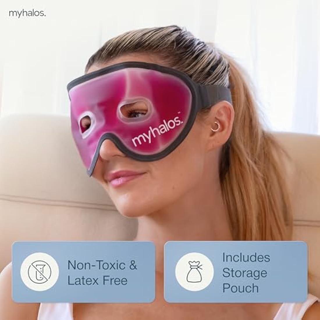MyHalos Gel Eye Mask - Reusable Cooling Eye Mask with Adjustable Straps - Cold Mask for Puffy Eyes, Dark Circles and Hangovers - Eyes Ice Pack Compress for Sinus, Headaches & Puffiness, Pink