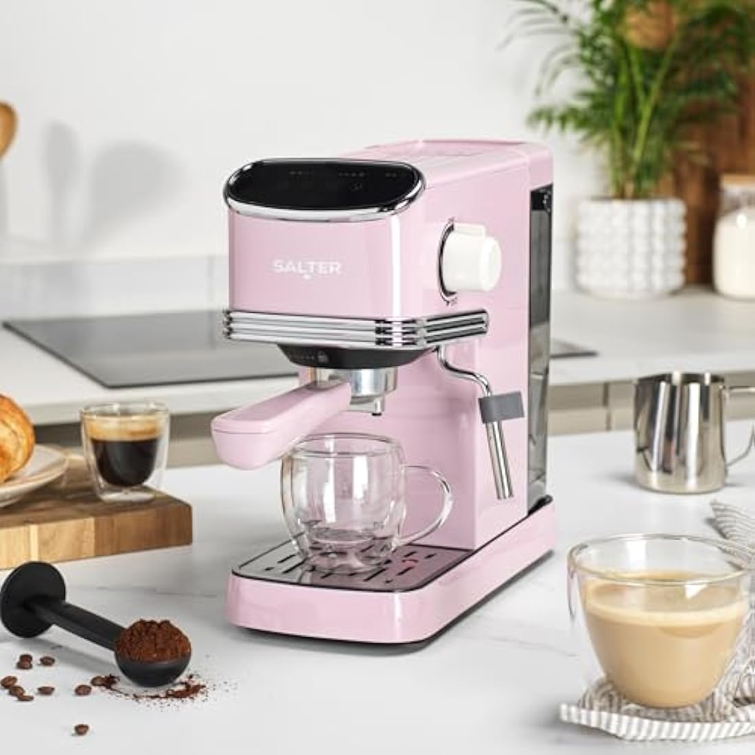 Salter Retro Espresso Machine – Pink Coffee Machine with Milk Frothing Wand, Cappuccino/Latte, 20-Bar Pressure Pump, 1.35L Water Tank, Ground Coffee, Single/Double Shot, Digital LED Display, 1350W