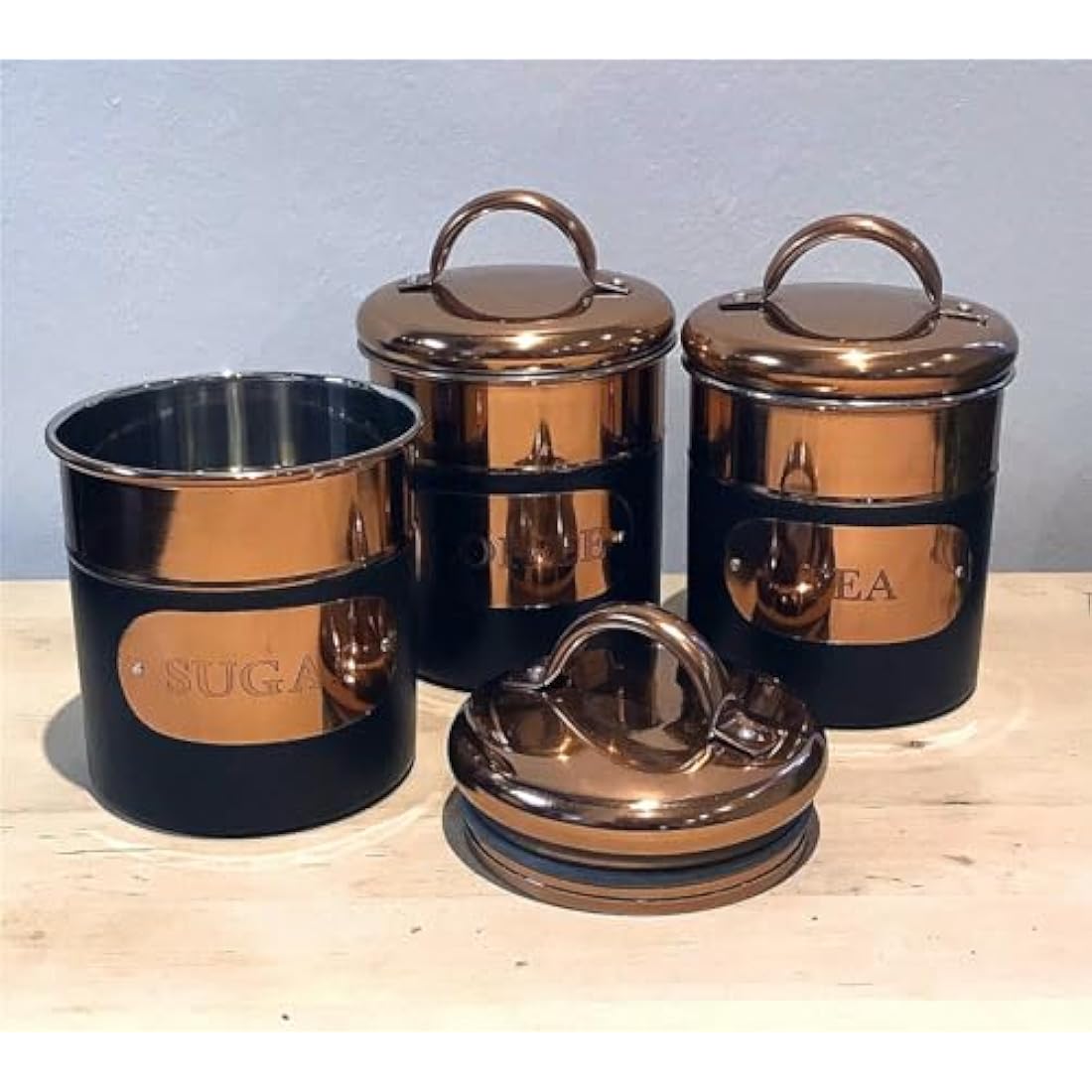 Black & Copper Metal Tea Coffee Sugar Storage Canister Set Jar Pots Tins