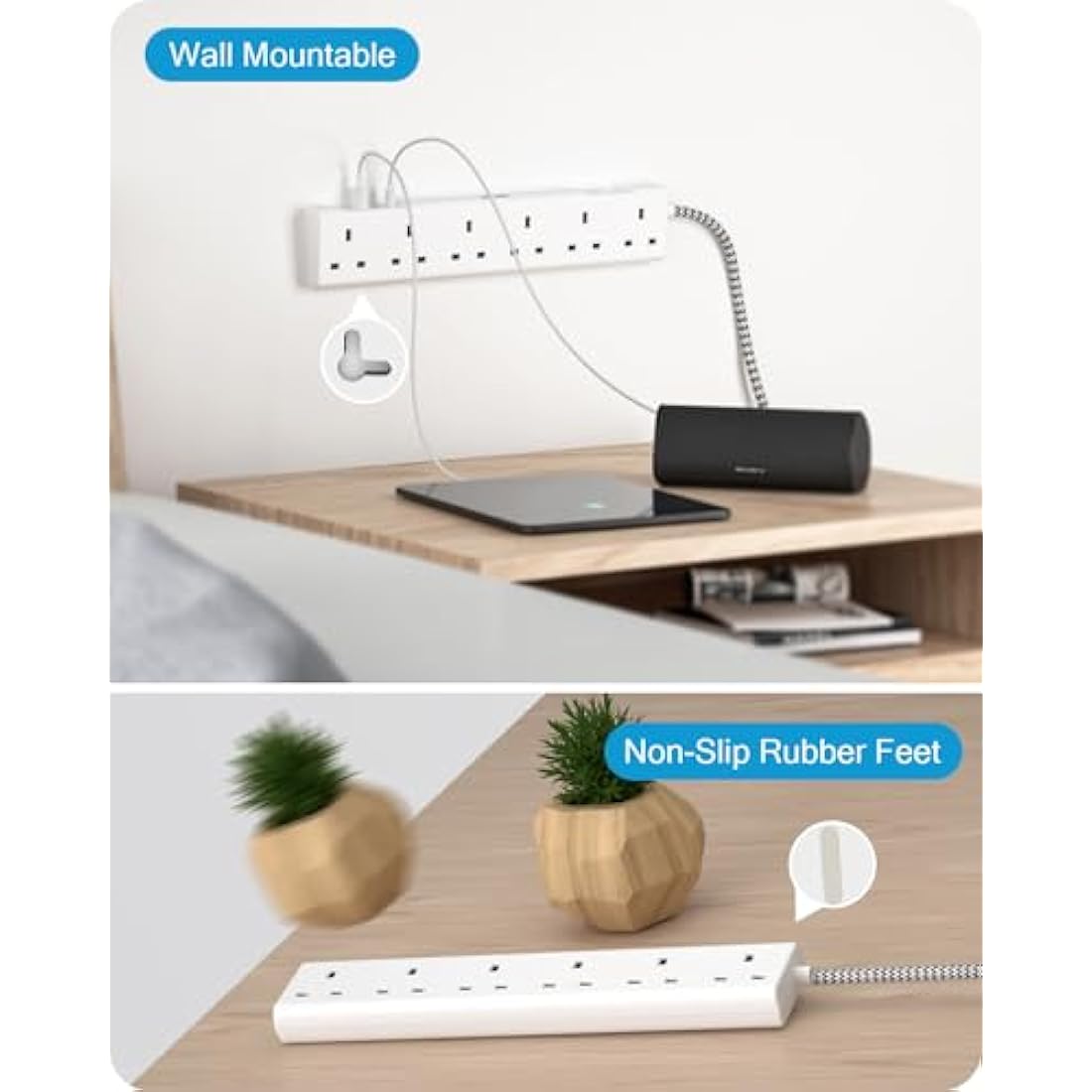 LENCENT 3M Extension Lead with USB Slots, 6 Way Outlets Power Strip with 1 USB-C and 2 USB Slots,Multi Power Plug Extension with 3M Braided Extension Cord for Home Office, White
