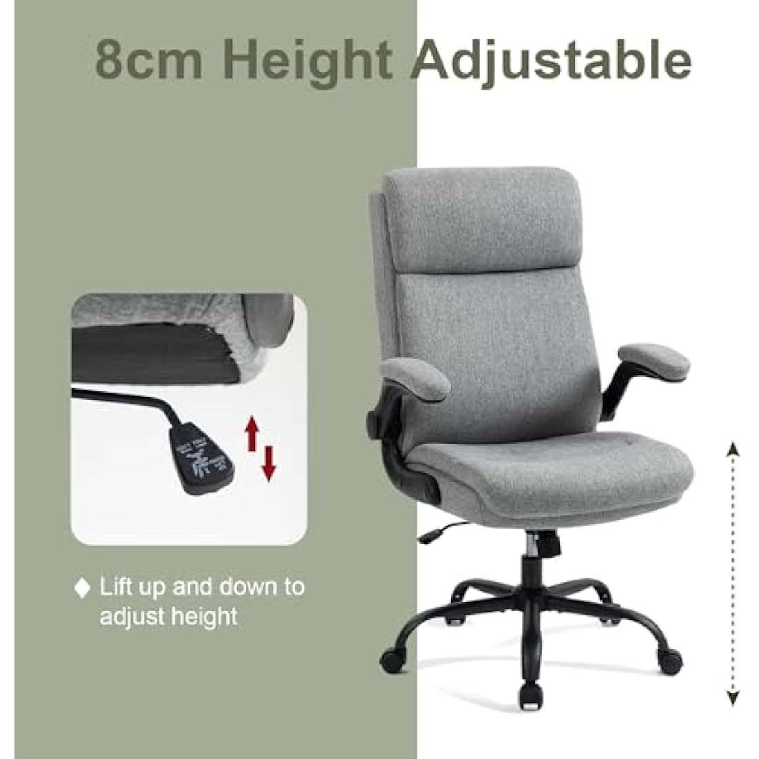CASTLOVE Ergonomic Office Chair for Home - Computer Desk Chair with Back Support - Flip Up Armrest - High Back - Height Adjustable - Rocking Function (Fabric Grey Max 150 kg)