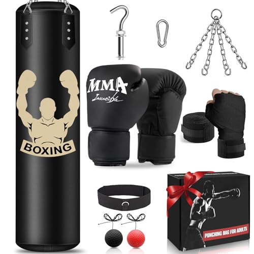 YORWHIN Heavy Punch Bag Set, 4FT Unfilled Kicking Bag, Reflex Ball, MMA Gloves, Wristband, Boxing Training Equipment for Adults, Karate, Kickboxing,