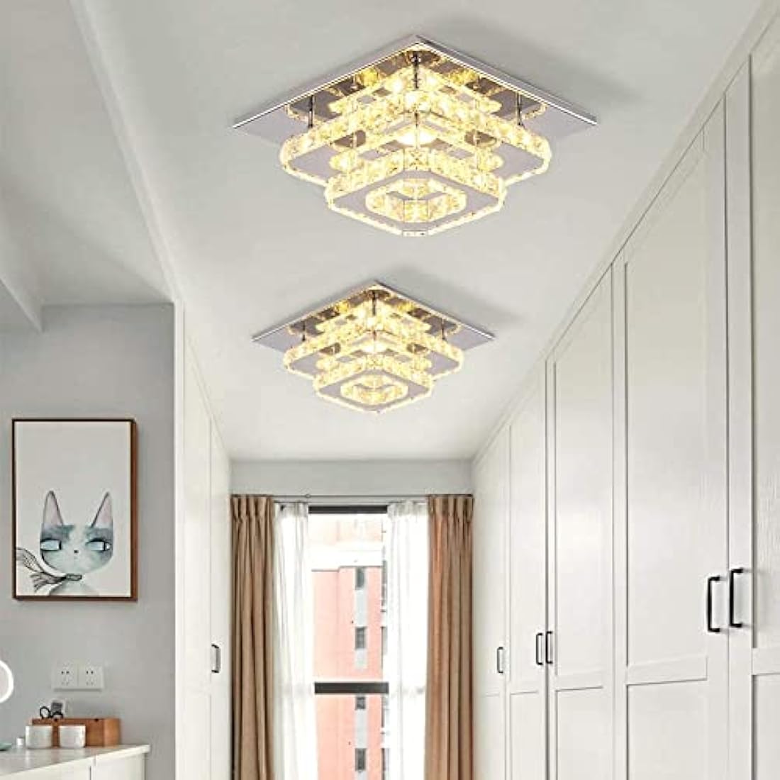 Finktonglan Crystal LED Ceiling Light, Ceiling Crystal Lamp Stainless Steel K9 Modern Flush Mount Lights Fixture Square Chandelier Ceiling Lamp for Dining Room Living Room Bedroom (Multicolor)
