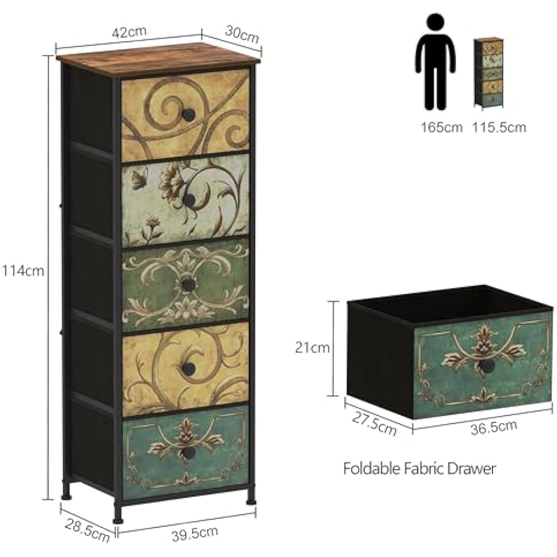VEDECASA Narrow Tall Chest of Drawers 5 Fabric Drawer Dresser for Bedroom Slim Storage Tower Organizer Unit for Living Room Bedroom Closet Entryway Wood Board Sturdy Metal Frame Easy to Assemble