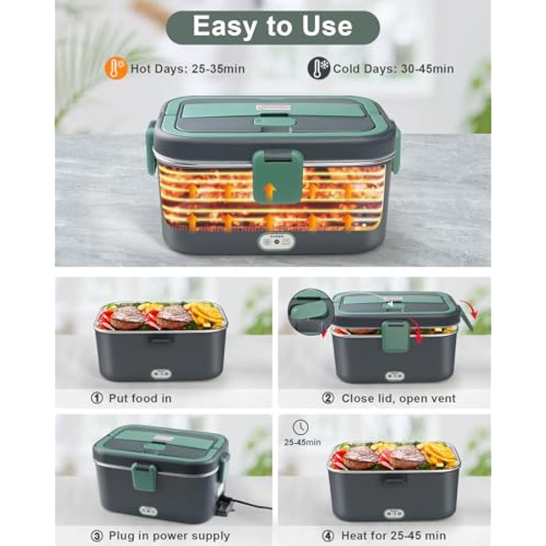 AUTOPkio Electric Lunch Box 1.8L 80W, 12V/24V/220V Upgraded Large Heated Lunchbox Heating Food Warmer with Carry Bag Fork Spoon for Car Truck Office