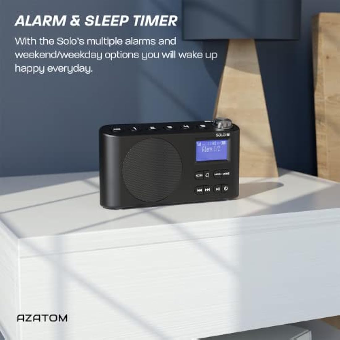 DAB/DAB+ & FM Portable Digital Radio | Bluetooth | Rechargeable Battery | Dual Alarms & Sleep Timer | Perfect for Home, Office or Outdoors | AZATOM Solo B1 (Black)