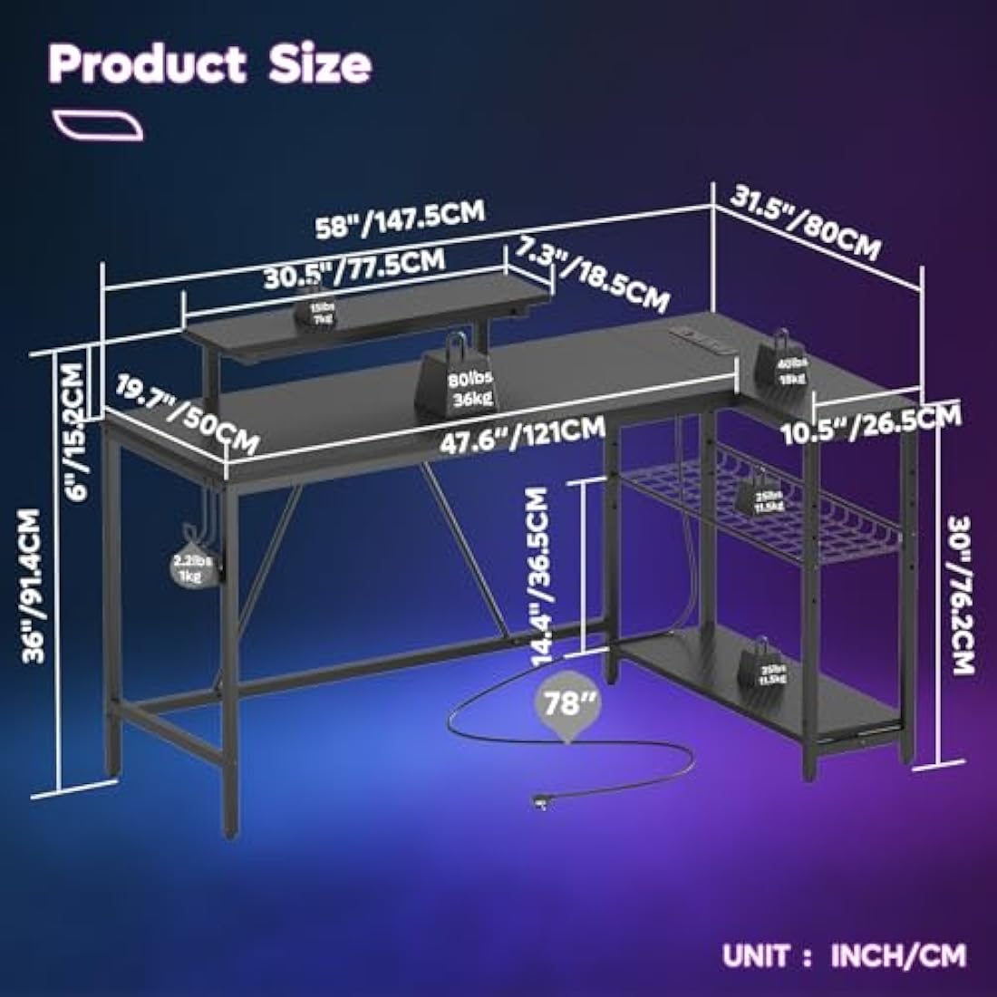 Bestier 147CM L-Shaped Gaming Desk with RGB Lights & Power Outlets, Reversible Corner PC Workstation with Storage & Hooks for Gamers or Home Office