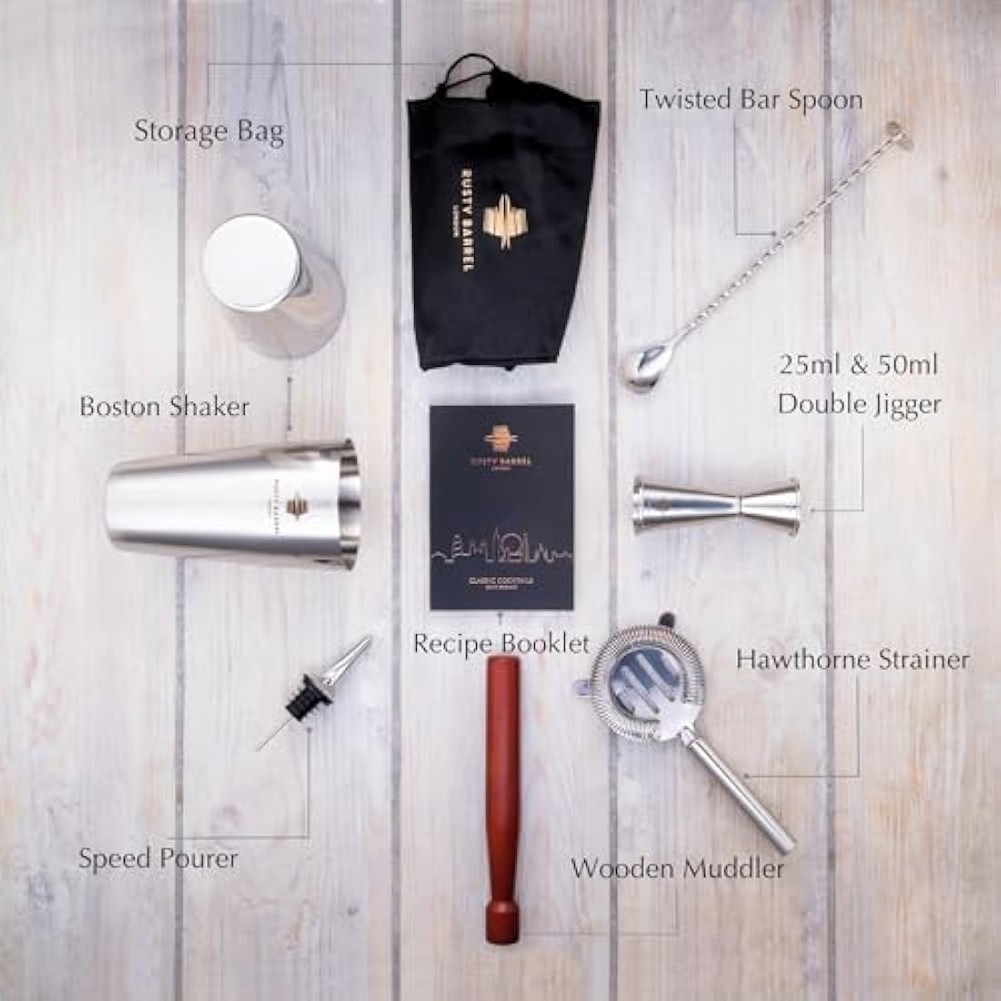 Rusty Barrel Cocktail Making Kit - Beautifully Presented Cocktail Shaker Set - Premium Cocktail Set with Cocktail Shaker and Bar Accessories for Home Pub - Cocktail Gift Set in a Beautiful Gift Box