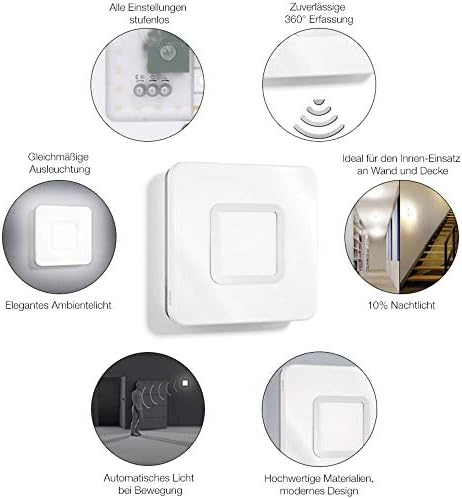 Steinel Indoor Light RS LED M1 S Stainless Steel, 8.8 W LED Wall lamp, Ceiling Light, 759 lm, 360° Motion Detector, 8m Range