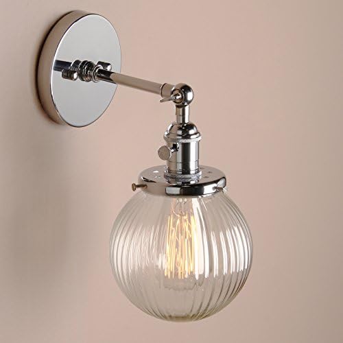 PathsOn 15cm Industrial Modern Vintage Retro Wall Lights, Loft Bar Kitchen Sconce Lights Lamp Fixture with Ribbed Globe Clear Glass Light Shade (Chrome)
