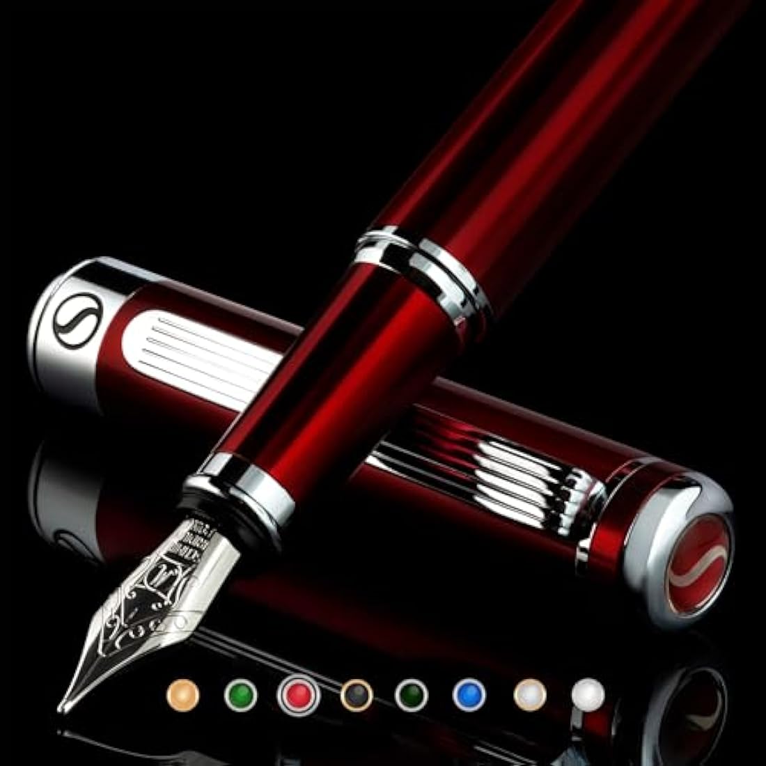 Scriveiner Red Lacquer Fountain Pen Stunning Pen with Chrome Finish, Schmidt Gilded Nib (Medium), Best Pen Gift Set for Men & Women, Professional, Executive, Office, Nice Pens