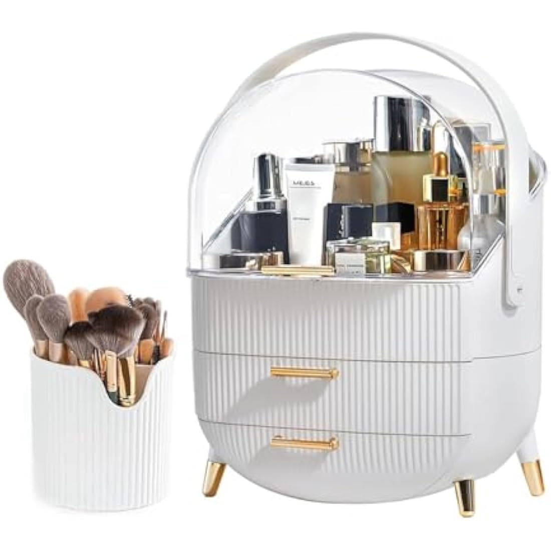 SIOOUI Makeup Organizer Box, Clear Cover Cosmetic Display Case with Two Tier Storage Box and Brush Storage Box, Skincare Organizers for Bathroom Countertop, Bedroom Vanity Desk and Travel (White)