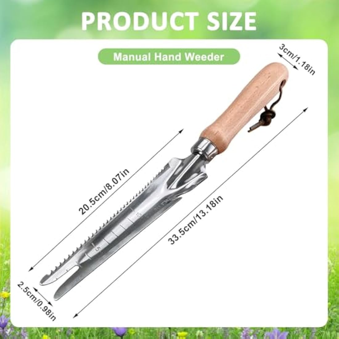 Garden Weeding Tools Multifunctional Manual Weeder Wooden Handle Weed Remover Tool,Stainless Steel Weeder with Measure, Dandelion Removal Tool Hand Weed Puller for Garden Yard Patio Lawn Transplant