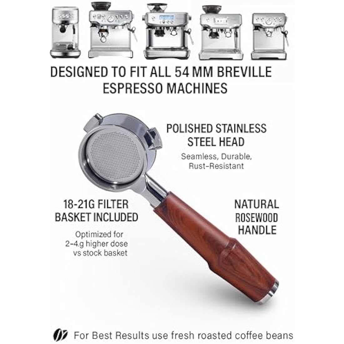 KNODOS 54mm Bottomless Portafilter Premium Rosewood Handle & Naked 18-21 Gram Filter Basket, Compatible with Sage Breville Barista Express, Pro, Touch, Bambino, Infuser, Duo Temp Pro