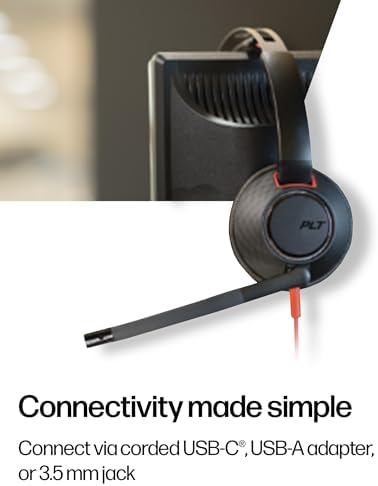 Poly Blackwire 5220 Wired Headset - Flexible Noise-Canceling Boom Mic - Ergonomic Design - Connect to PC/Mac, Mobile via USB-C, USB-A, or 3.5 mm - Works w/Teams, Zoom