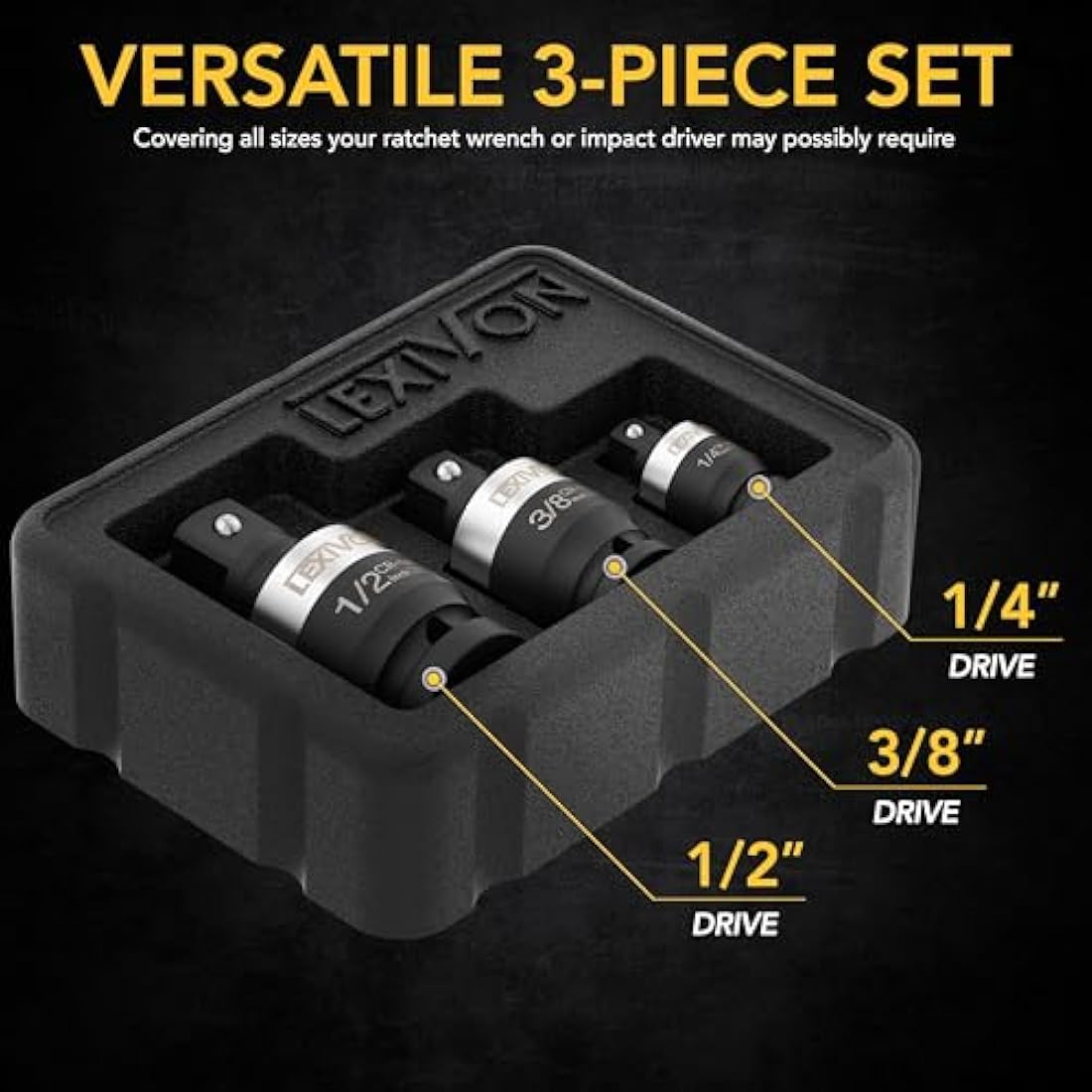 LEXIVON Impact Universal Joint - Patented Slim Design | 3-Piece 1/2", 3/8", and 1/4" Socket Swivel Set | Chrome-Molybdenum Steel Full Impact Grade (LX-113-S)