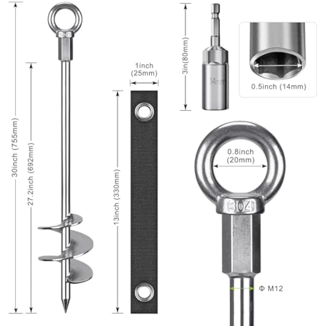 Insaga Tent Peg, Heavy Duty Ground Stake Metal Earth Anchor, 76cm Spiral Blade Screw in Trampolines Kit for Swing Kit/Camping/Shed/Dog/Carport with Fixed Loop Strap, 4 Pack