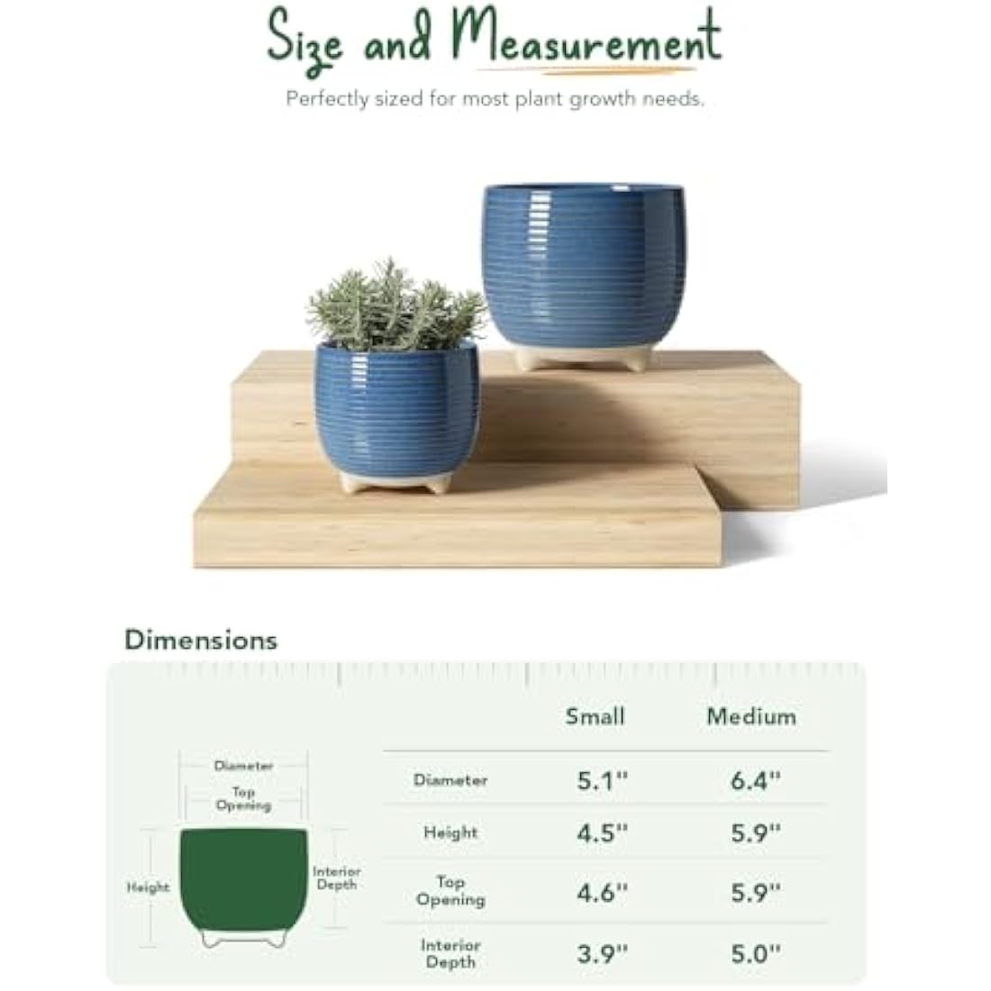 LE TAUCI Ceramic Plant Pots, 12 + 16 cm Footed Pots for Plants, Cute Modern Flower Pots for House and Office, Small Indoor Planters with Drainage, Reactive Glaze Blue