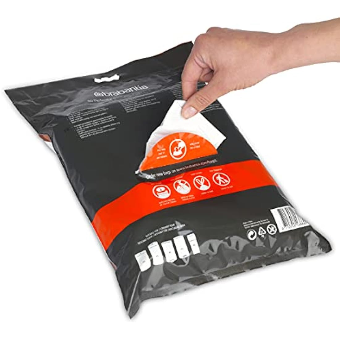 Brabantia 138645 PerfectFit Bin Liners (Size L/40-45 Litre) Thick Plastic Trash Bags with Tie Tape Drawstring Handles (40 Bags), White