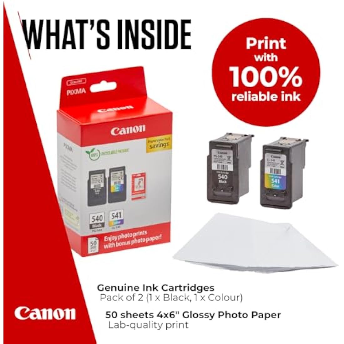Canon Ink & Paper Multipack - PG-540/CL-541 Genuine Printer Ink Cartridges 2 Pack (1 x Black, 1 x Colour) & 4x6 Photo Paper (50 x Sheets)