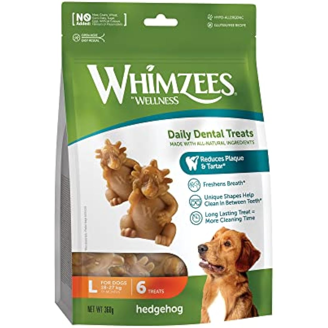 WHIMZEES By Wellness Hedgehog, Dog Dental Sticks, 6 Pieces, Size L, Dog Chews for Large Breeds, Natural, Grain-Free, Rawhide-Free, Vegetarian, No Added Sugar