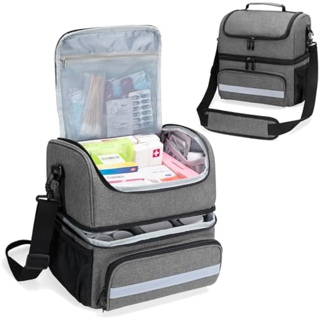 CURMIO Double Layer Medicine Storage Bag Empty, Family First Aid Organiser for Emergency Medical Kits, Portable Medicine Supplies Bag for Home and Travel, Grey