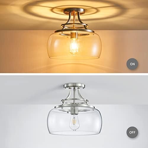 WUZUPS Chandelier Rustic Farmhouse Industrial Round Semi-flushmount Ceiling LED Light Fixture with Clear Glass Shades for Bathroom Kitchen Foyer Entryway, H 30 x W 34, E27 Base, Brushed Nickel