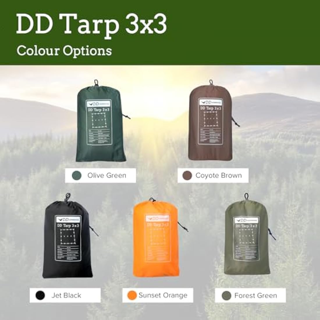 DD Hammocks - DD Tarp 3x3 - Olive Green - Lightweight, 100% Waterproof Tough Shelter with Pegs & Guy Lines for Camping Bushcraft & Hiking