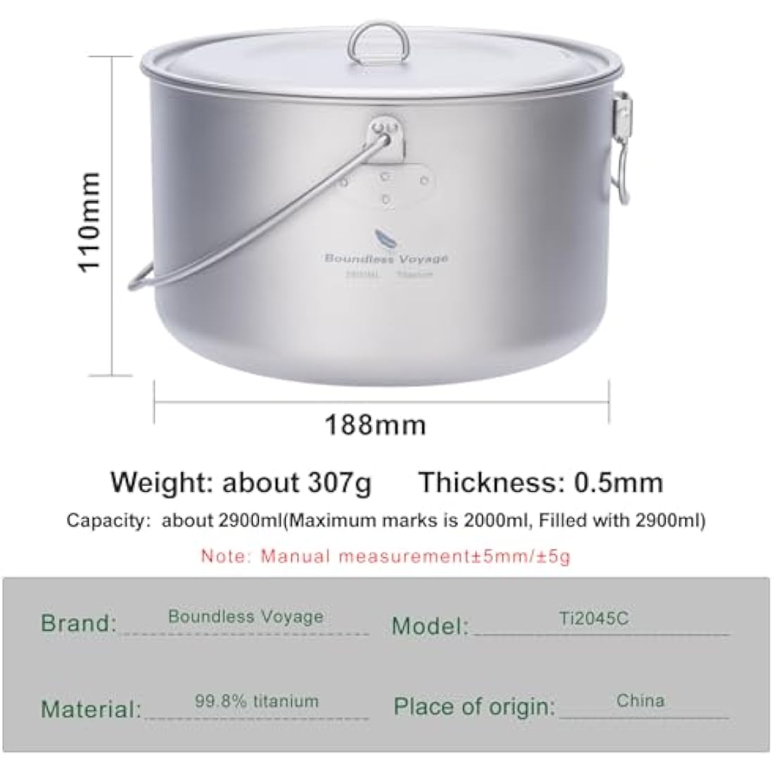 Boundless Voyage 2900ml Camping Pot Titanium Pot with Lid Folding Bail Handle Camping Hiking Picnic Ultralight Portable Cookware 2045C