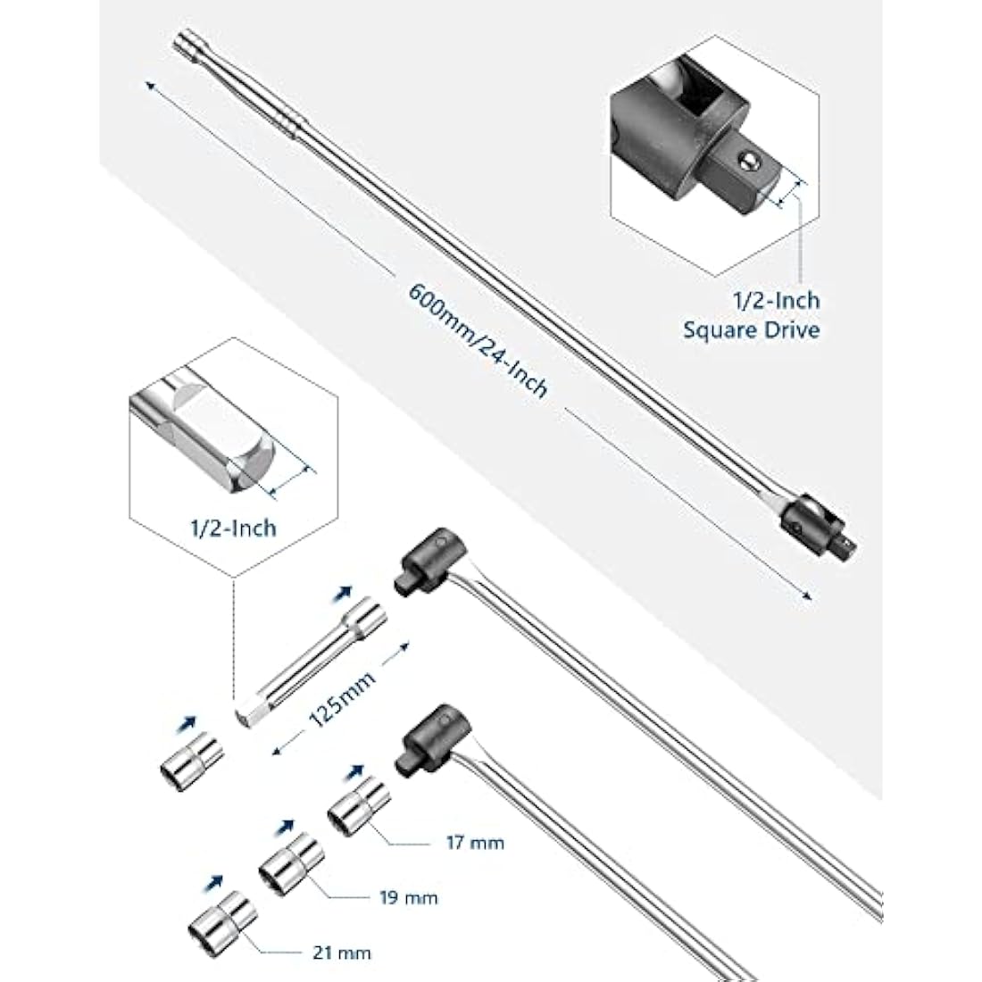 MAXPOWER 24 inch 1/2'' Drive Breaker Bar with Socket Set, 600mm Breaker Bar with 125mm Extension Bar and 17mm, 19mm, 21mm Socket