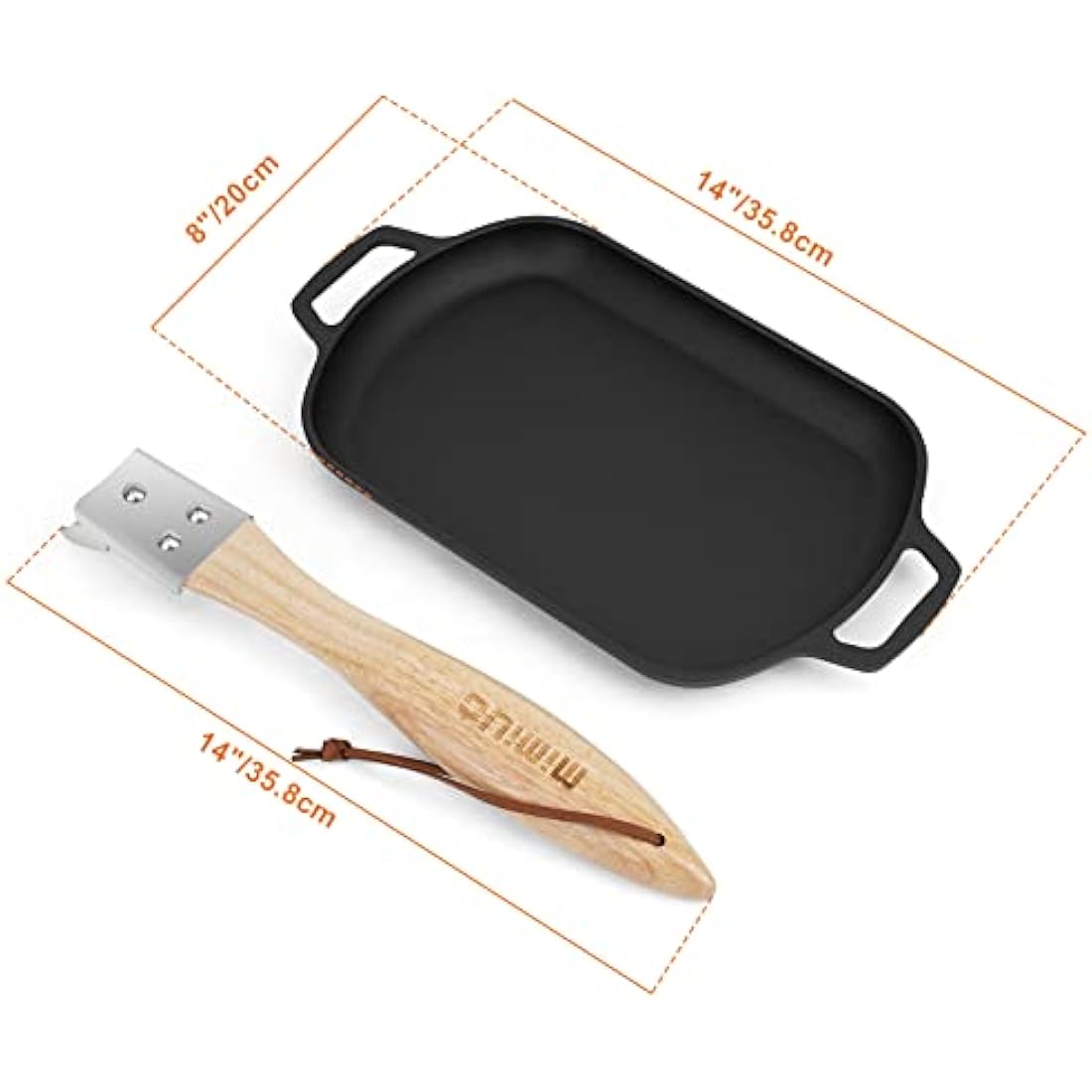 Mimiuo Cast Iron Griddle Pan Rectangular Non-Stick Frying Pan with Detachable Handle for Pizza Oven, Stovetop or Any Cooking Surface