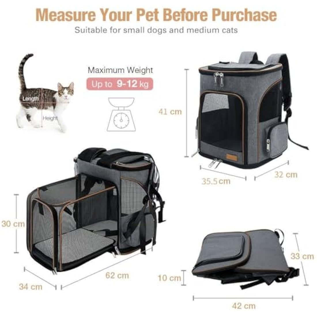 Lekesky Expandable Cat Carrier Backpack - Portable Breathable Rucksack for Medium and Small Cats & Dogs, Foldable with Inner Escape-proof Leash and Pet Mat, Supports 25 lbs (Grey)