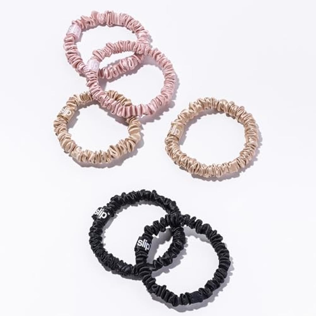 SLIP Silk Skinnie Scrunchies Set - Black, Pink, and Caramel - 100% Pure 22 Momme Mulberry Slipsilk Hair Ties for Women - 6 Pack